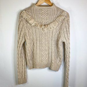 Amaryllis Fringe Cable Knit Mock Neck Sweater, Beige, Size L